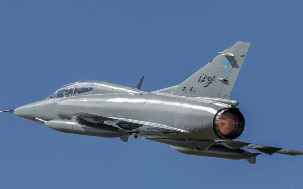 A Dassault Mirage III jet fighter soaring through a clear blue sky, showcasing its sleek design and powerful engine, captured in high-definition quality for a striking desktop background.
