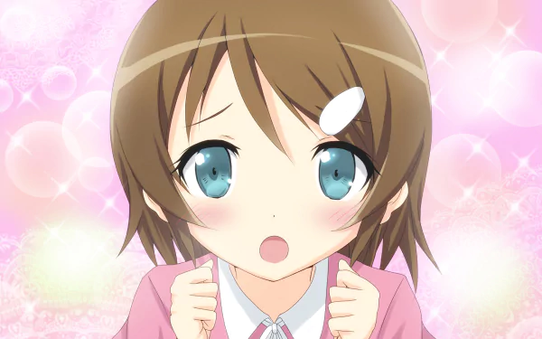 HD PC desktop wallpaper: anime (Oreimo) close-up of a blushing short-haired girl with teal eyes and white hairclip, surprised expression against a sparkly pink background.
