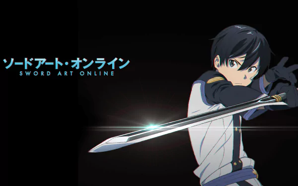 HD desktop wallpaper featuring Kazuto Kirigaya (Kirito) from Sword Art Online: Ordinal Scale, with text reading Sword Art Online in both Japanese and English against a dark background.