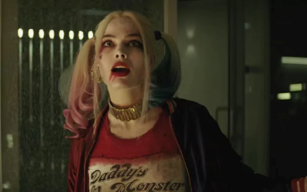 HD desktop wallpaper featuring Margot Robbie as Harley Quinn in the movie Suicide Squad, with her iconic pigtails, smeared makeup, and Daddy's Lil' Monster shirt.