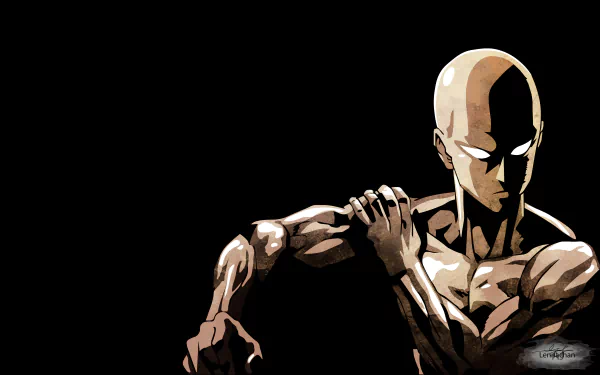 HD wallpaper featuring Saitama from One-Punch Man, showcasing his muscular physique against a dark background, embodying the character's iconic and striking appearance.