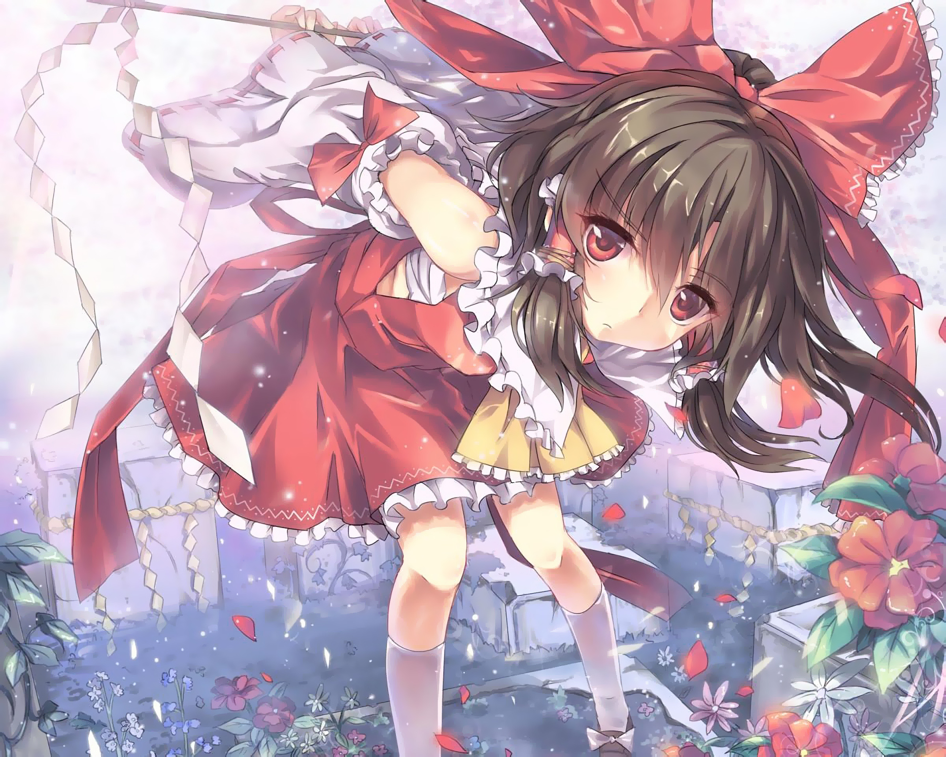 HD anime desktop wallpaper featuring Reimu Hakurei from Touhou, depicted in her iconic red and white outfit with a dynamic, colorful background.