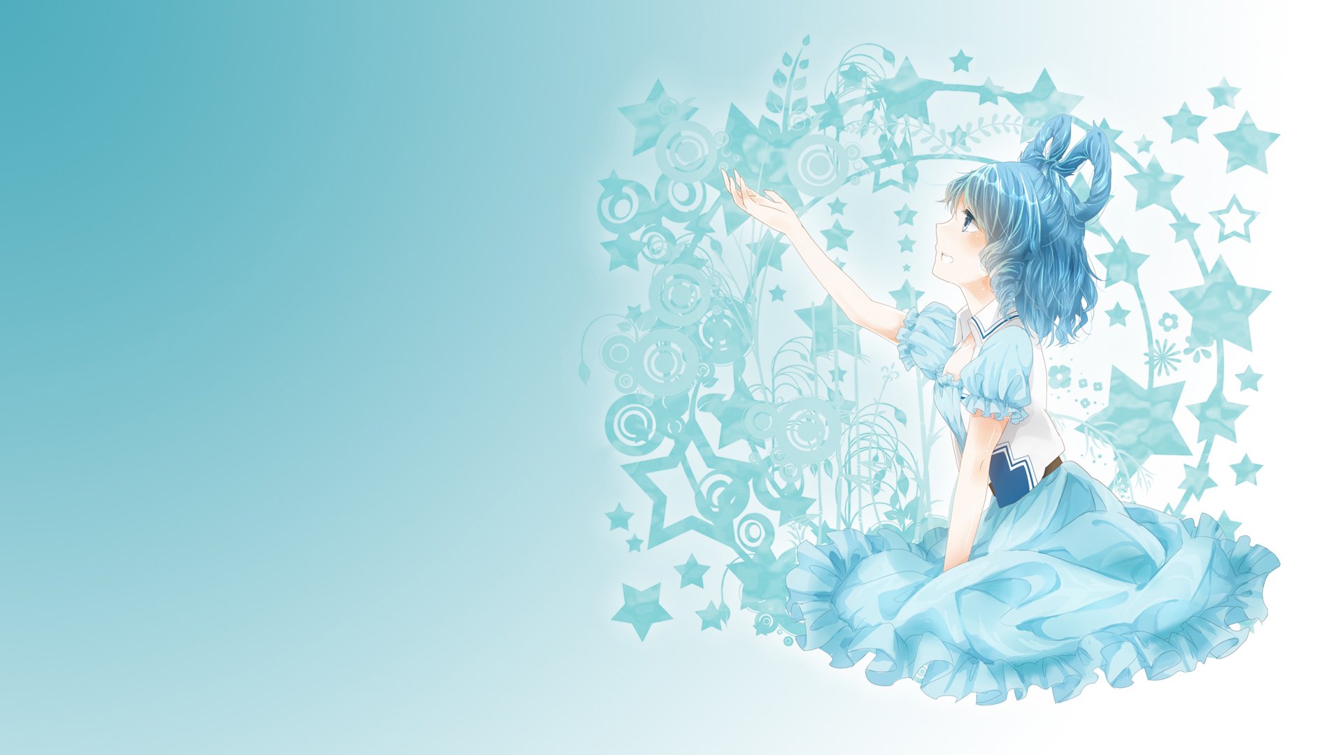 HD PC desktop wallpaper featuring Seiga Kaku from the Touhou anime series, depicted in soft blues with star and floral motifs.