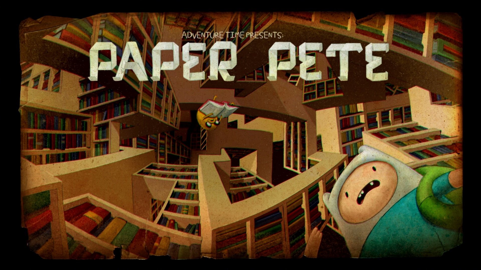 Finn and Jake (Adventure Time) in a surreal, Escher-like library beneath the Paper Pete title — Adventure Time TV show HD PC desktop wallpaper and background.
