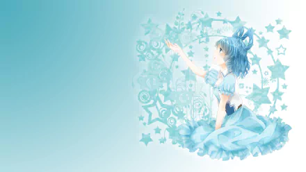 HD PC desktop wallpaper featuring Seiga Kaku from the Touhou anime series, depicted in soft blues with star and floral motifs.