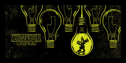 A striking HD desktop wallpaper inspired by Stranger Things, featuring glowing light bulbs with a silhouette of a creature, capturing the show's eerie essence.