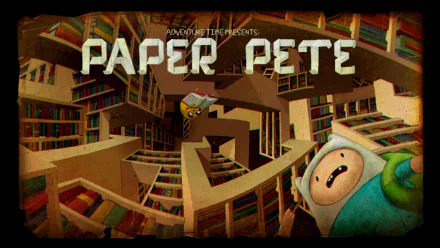 Finn and Jake (Adventure Time) in a surreal, Escher-like library beneath the Paper Pete title — Adventure Time TV show HD PC desktop wallpaper and background.
