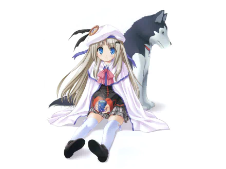 Anime HD desktop wallpaper featuring Kudryavka Noumi from Little Busters! sitting with a dog against a white background.