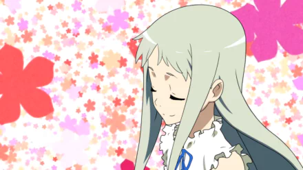 Anime HD desktop wallpaper featuring Meiko Honma from Anohana with a soft floral background in shades of pink and red.