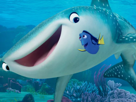 Dory and Destiny from Finding Dory swim together in vibrant underwater scenery, featured in this stunning 8K Ultra HD desktop wallpaper. Enjoy the colorful aquatic adventure.