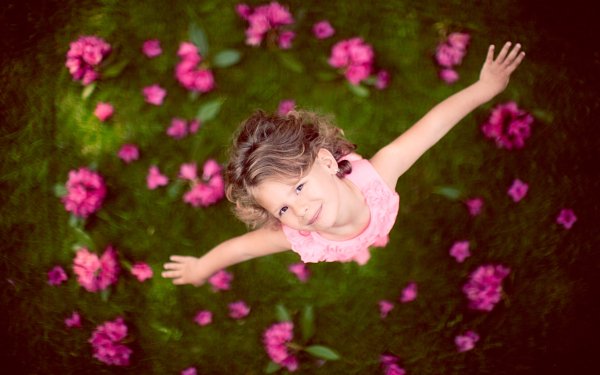 Photography Child Brunette Pink Flower Little Girl Mood HD Wallpaper | Background Image