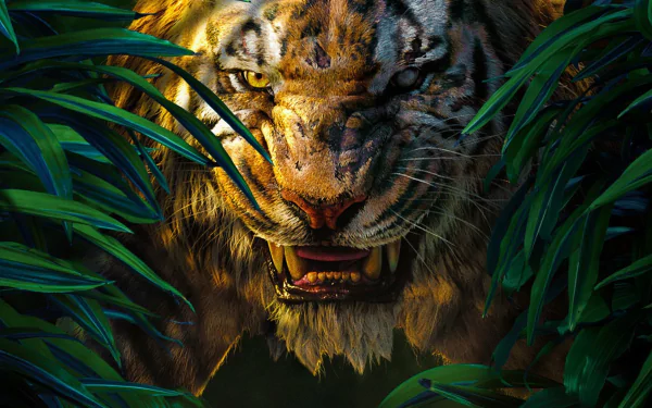 A striking HD wallpaper featuring a fierce tiger emerging from lush greenery, inspired by the movie The Jungle Book (2016).