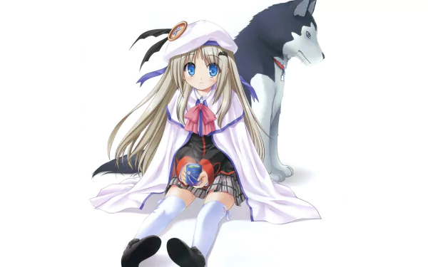 Anime HD desktop wallpaper featuring Kudryavka Noumi from Little Busters! sitting with a dog against a white background.