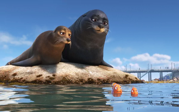 4K Ultra HD wallpaper featuring seals alongside Marlin and Nemo from the movie Finding Dory, set on a rock with a clear blue sky and pier in the background.