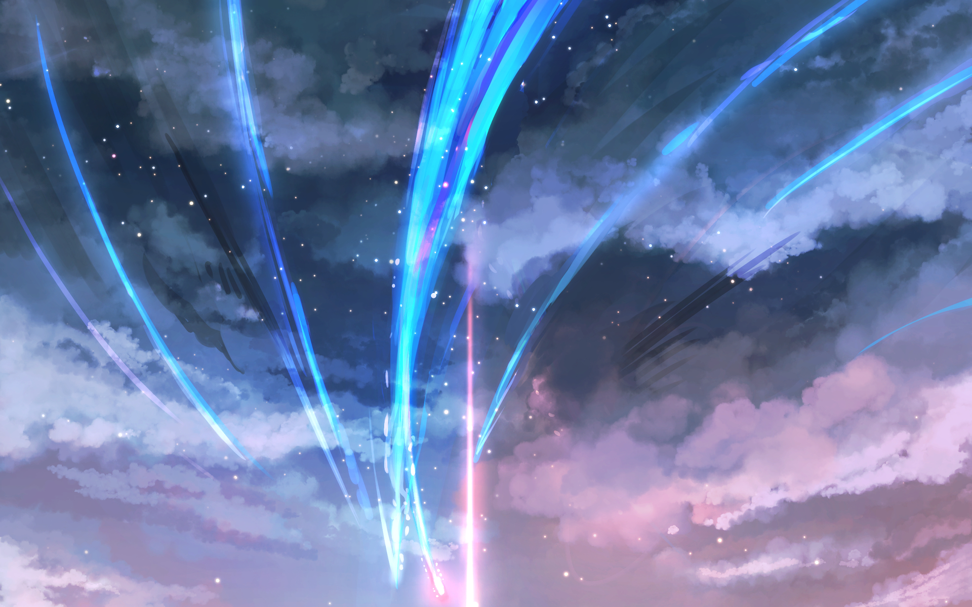 HD desktop wallpaper featuring a beautiful sky scene from the anime Your Name. with vibrant streaks of blue and pink light cutting through the clouds.