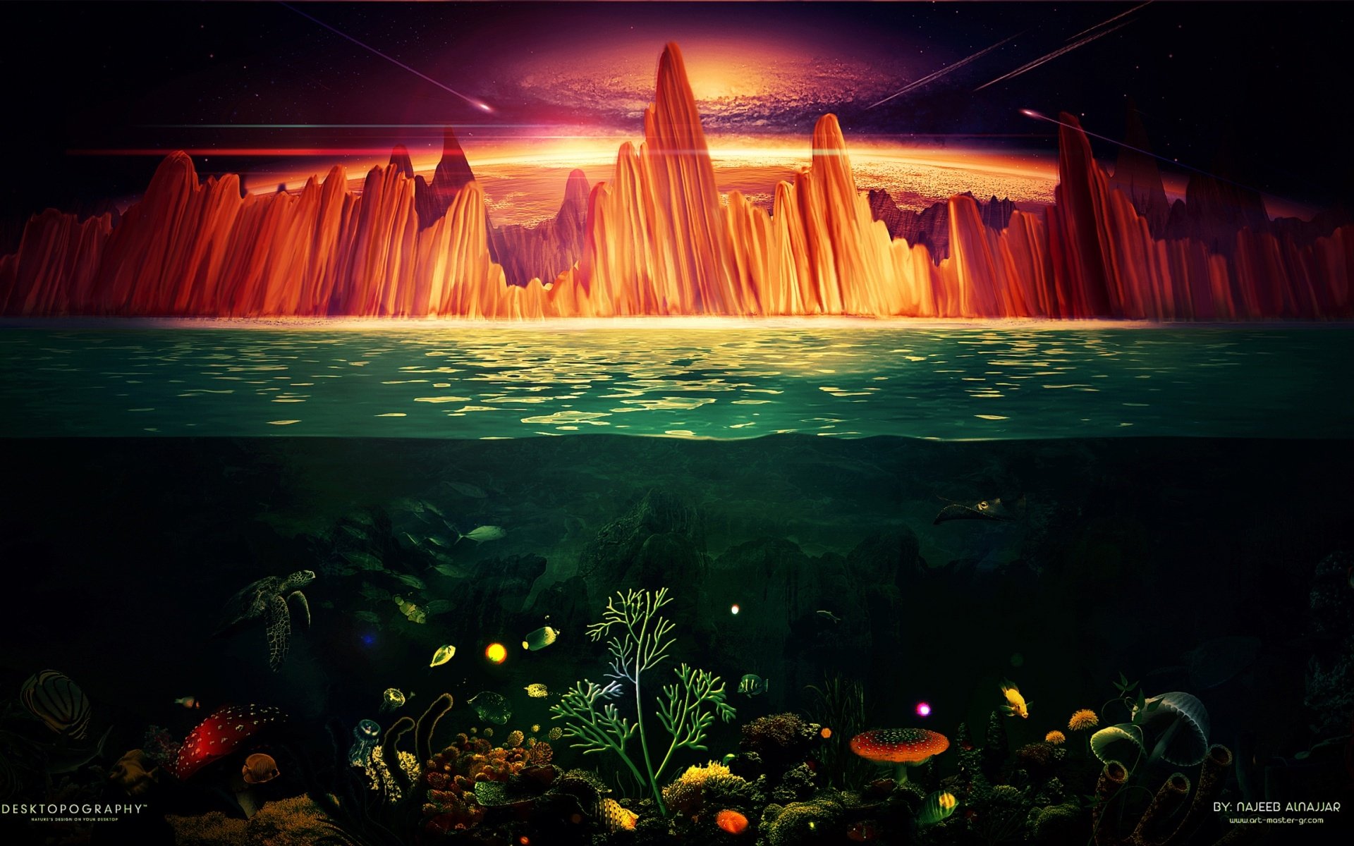 HD artistic desktop wallpaper depicting a surreal scene with jagged mountains above a glowing sea and vibrant underwater fish and coral life.