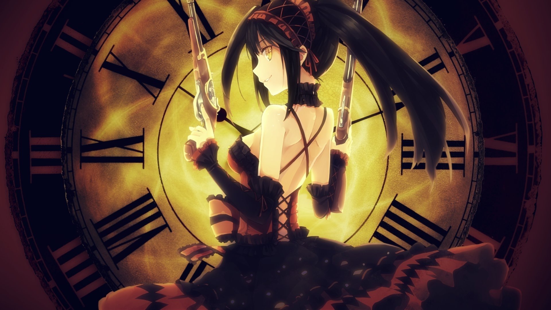 HD wallpaper featuring Kurumi Tokisaki from the anime Date A Live, poised dramatically in front of a clock, showcasing her striking outfit and dual guns.