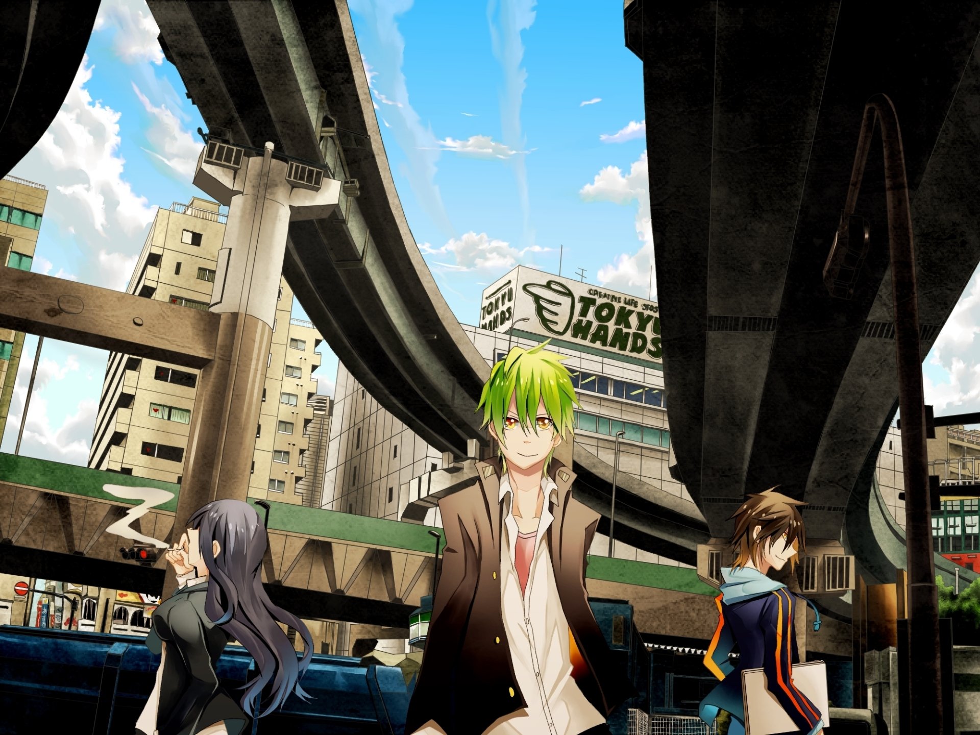 Anime-inspired HD wallpaper featuring characters with green hair and yellow eyes, set against a vibrant city backdrop, capturing a moment of intrigue with urban elements.