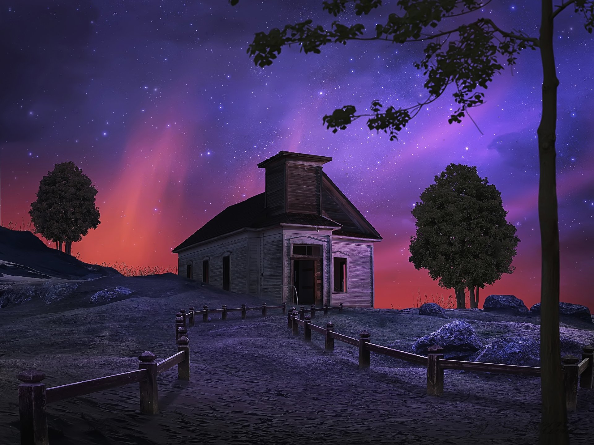 4K Ultra HD artistic night scene of a starry sky above a rustic house surrounded by trees and a wooden fence.