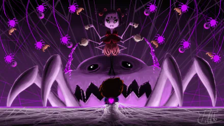 Muffet confronts Frisk in a dramatic scene from Undertale, featuring vibrant purple hues and spider-themed elements, creating an engaging HD desktop wallpaper.