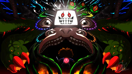 An HD desktop wallpaper featuring Omega Flowey confronting Frisk from the video game Undertale, displaying vivid colors and intense imagery.