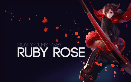 HD artwork of Ruby Rose from the anime RWBY, showcasing her iconic weapon and dynamic pose against a dark background, with petals swirling around her.