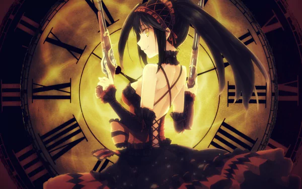 HD wallpaper featuring Kurumi Tokisaki from the anime Date A Live, poised dramatically in front of a clock, showcasing her striking outfit and dual guns.