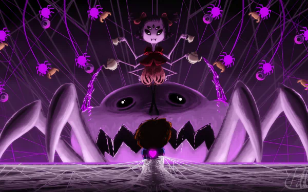 Muffet confronts Frisk in a dramatic scene from Undertale, featuring vibrant purple hues and spider-themed elements, creating an engaging HD desktop wallpaper.