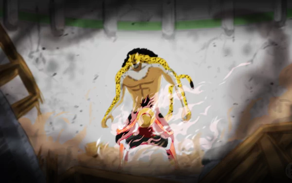 Anime HD wallpaper featuring an intense showdown between Rob Lucci and Monkey D. Luffy from One Piece, set amid a dynamic and fiery background.