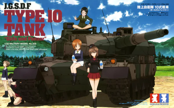 Anime Girls und Panzer features three characters posing with a Type 10 tank in a vibrant 4K Ultra HD PC desktop wallpaper scene.