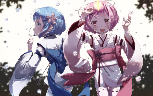 A vibrant HD wallpaper featuring Ram and Rem from Re:ZERO, both in traditional attire, surrounded by bubbles, capturing their playful spirit and connection in the anime Re:Zero - Starting Life in Another World.