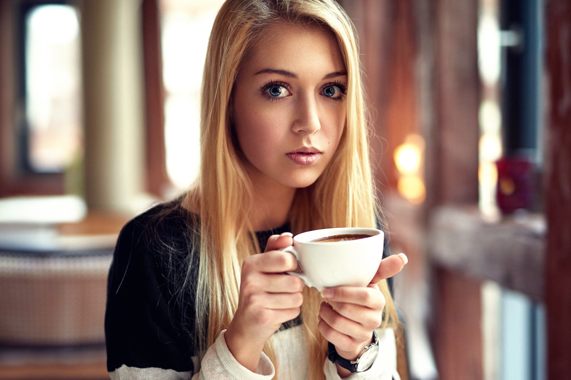 Download Cup Blue Eyes Blonde Woman Model HD Wallpaper by Alex Fetter