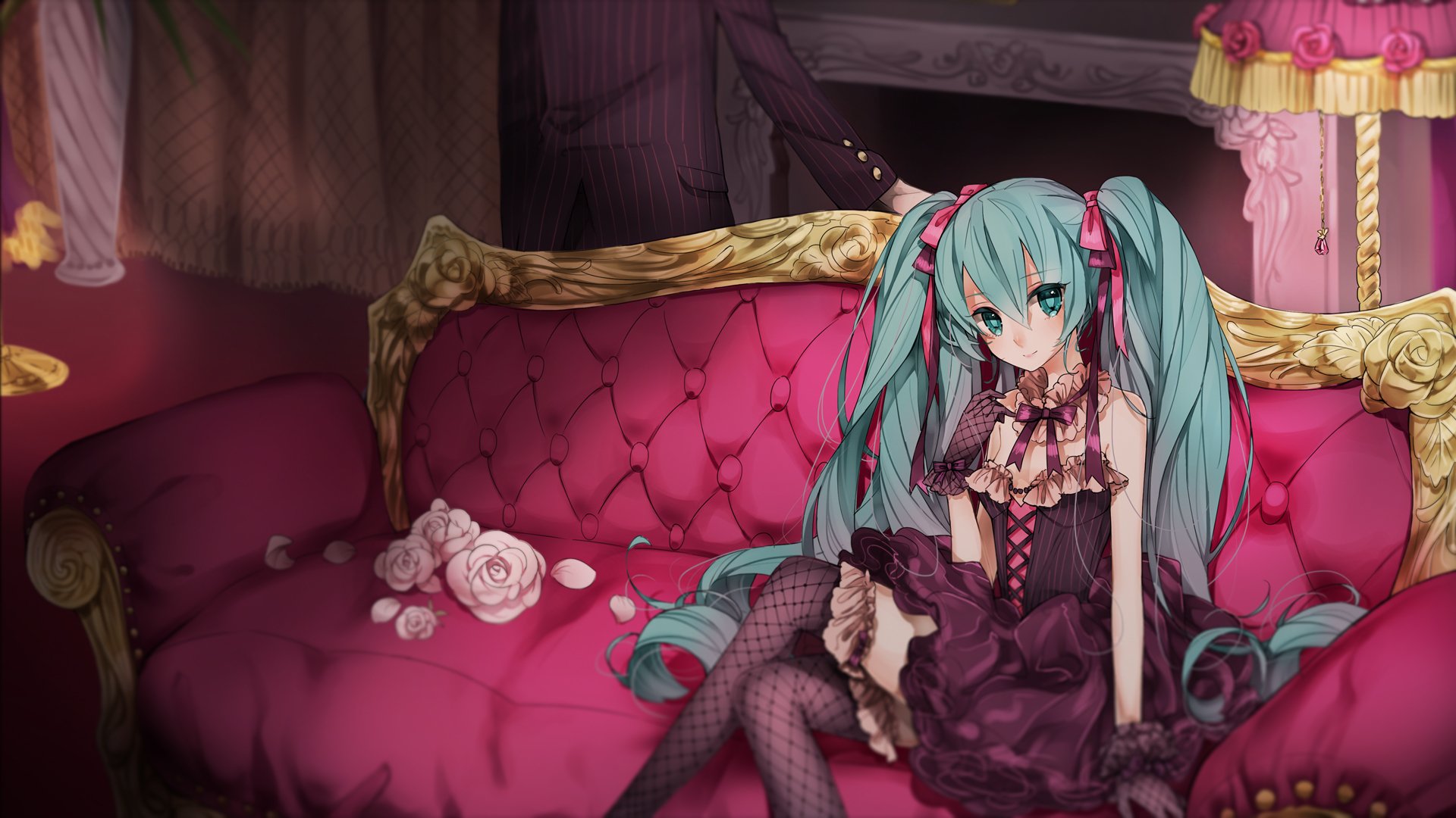 A beautifully detailed HD wallpaper featuring Hatsune Miku, the popular Vocaloid character, sitting gracefully on a pink couch, surrounded by elegant decor and roses.