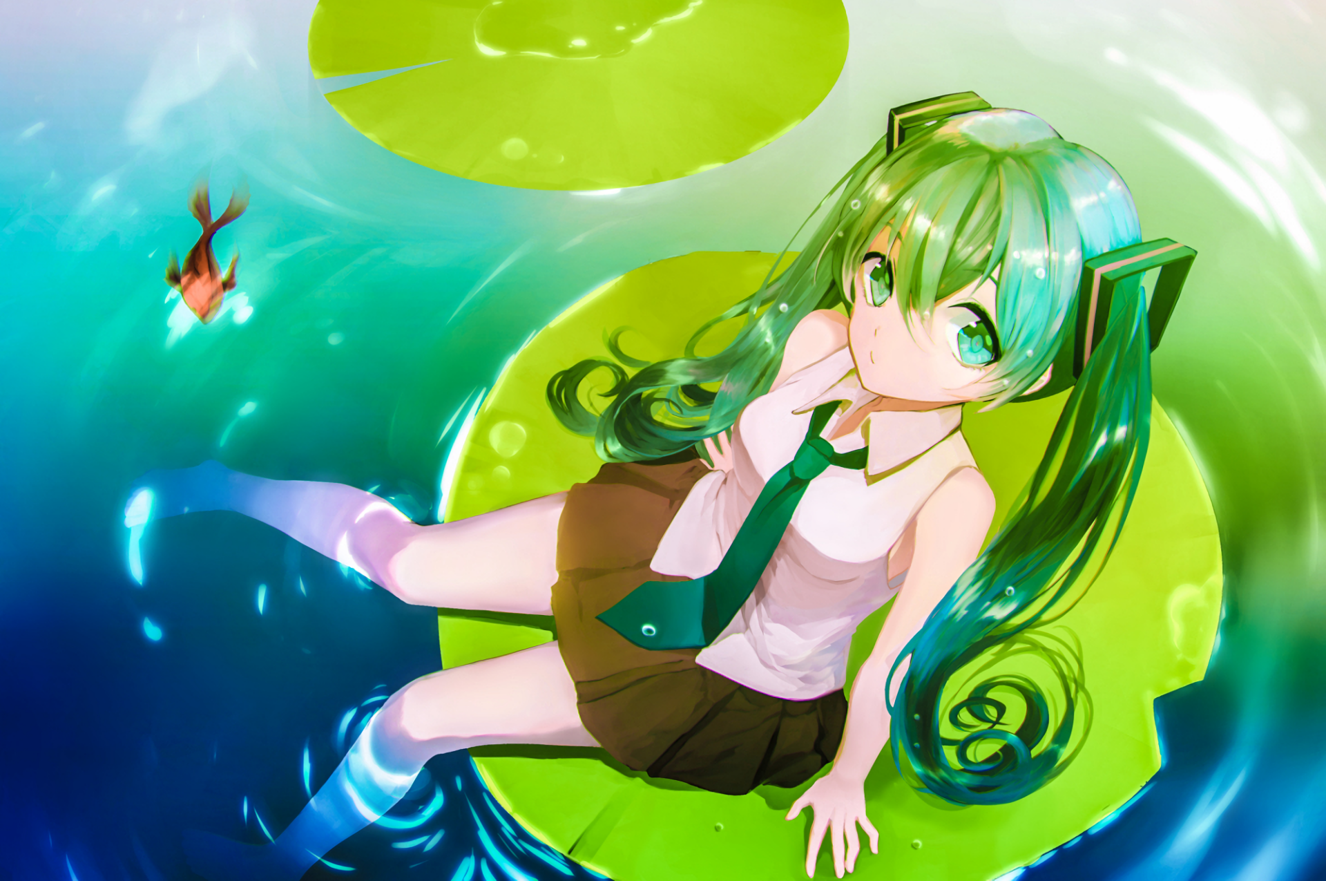 A vibrant HD wallpaper featuring Hatsune Miku, the iconic Vocaloid character, sitting on a lily pad amidst a colorful, serene water background.