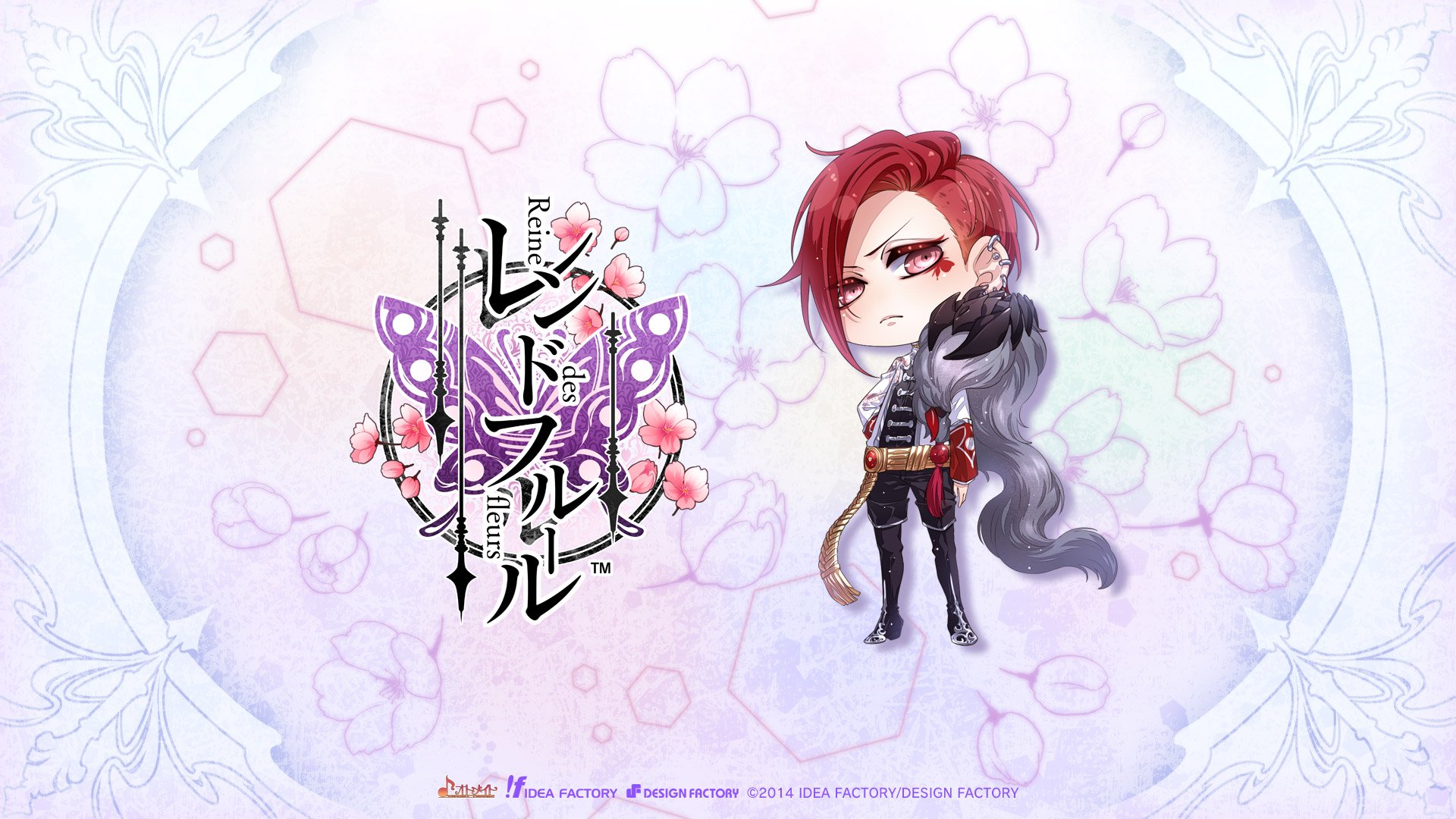 Anime HD PC desktop wallpaper/background: chibi red-haired Reine des Fleurs character beside a black wolf and floral logo on a soft pastel flower-patterned backdrop.