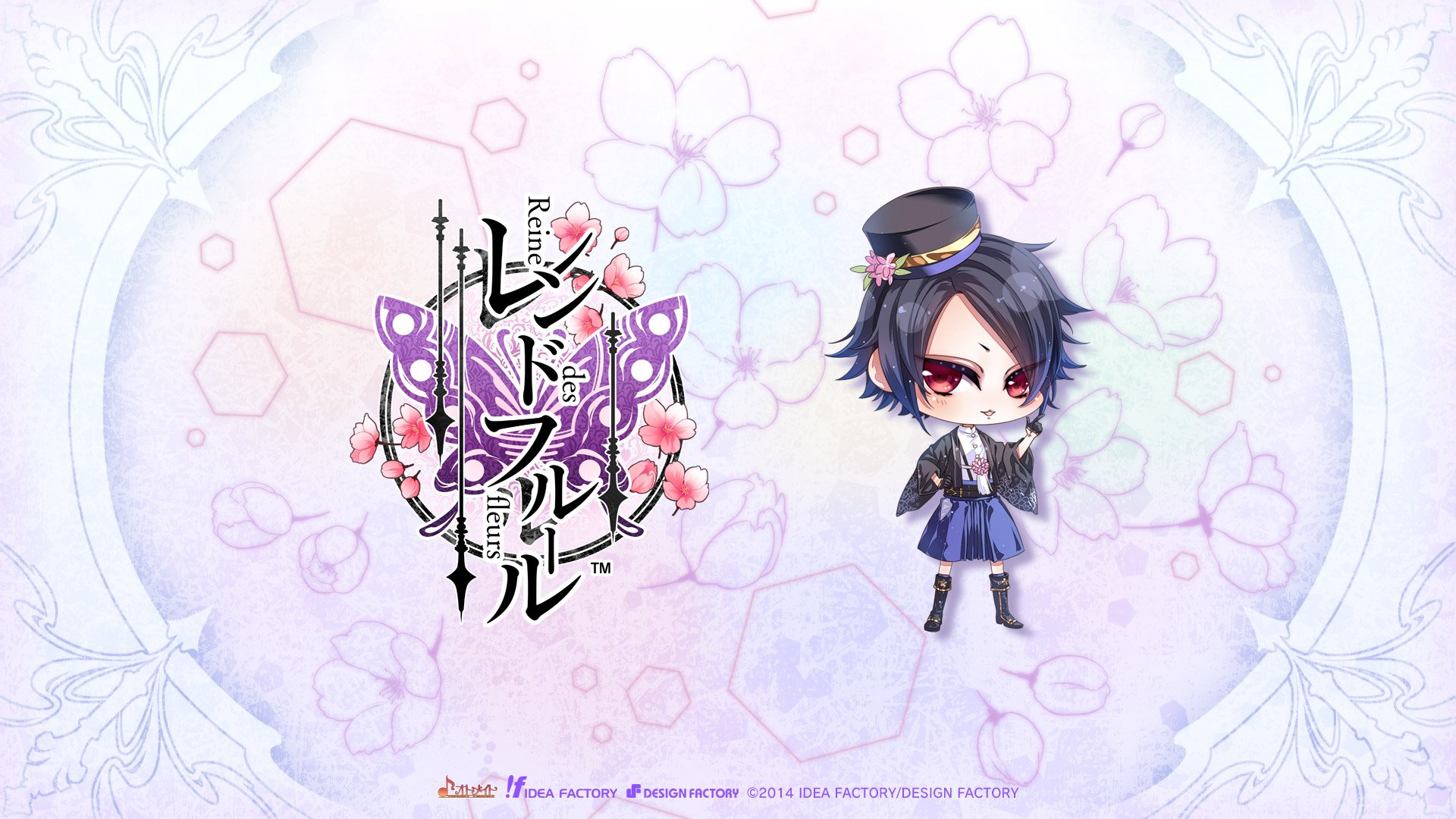 Anime HD PC desktop wallpaper and background: chibi Reine des Fleurs character — dark-haired girl with red eyes and school outfit beside ornate floral logo on a pastel purple backdrop.