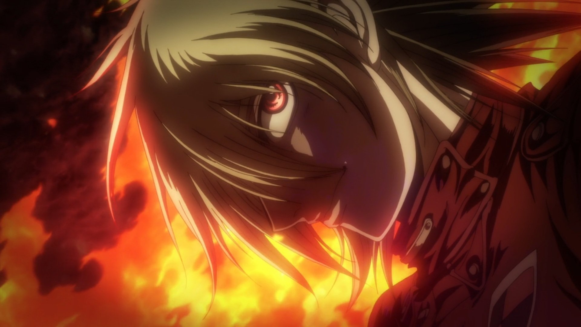 HD anime wallpaper featuring Seras Victoria from Hellsing with intense red eyes against a fiery, dark background.