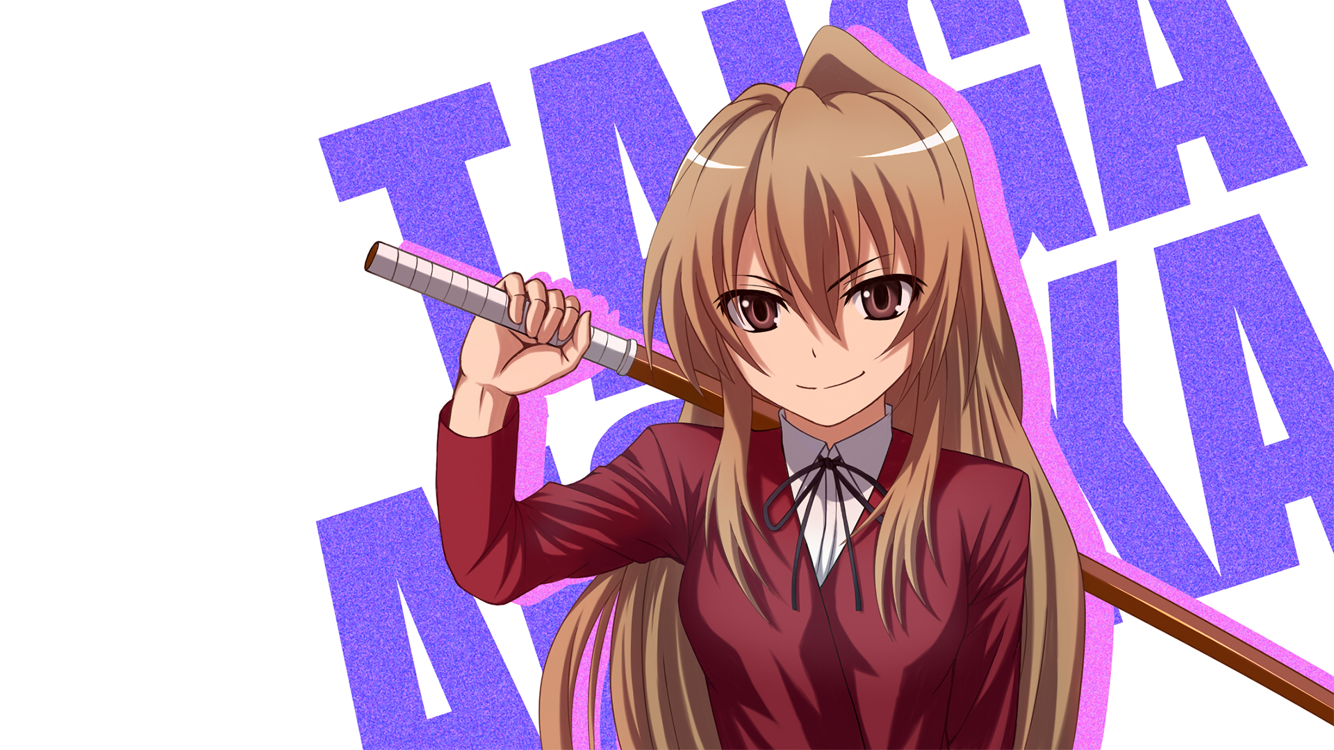HD PC desktop wallpaper of Taiga Aisaka from the anime Toradora!, featuring her holding a wooden sword with a confident expression against a bold purple background.