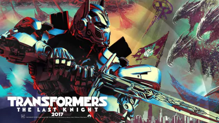 HD desktop wallpaper of Transformers: The Last Knight with a dynamic image of a Transformer holding a sword, vibrant colors, and the movie title and release year 2017 prominently displayed.
