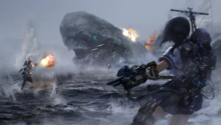 A dynamic HD wallpaper featuring characters Yuudachi, Akagi, and Fubuki from KanColle, set against a dramatic backdrop of battle at sea with a colossal creature.