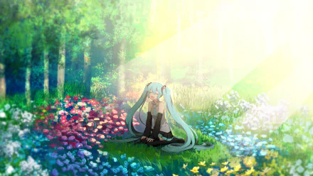 A vibrant HD wallpaper featuring Hatsune Miku, the popular Vocaloid character, sitting amidst a colorful flower-filled meadow, illuminated by soft sunlight in an enchanting anime style.
