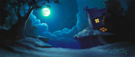 A fantasy HD PC wallpaper depicting a glowing house perched on a cliff under a starry night sky with a full moon, clouds, and a cat sitting nearby.