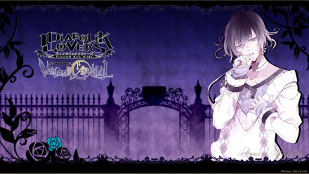 HD desktop wallpaper featuring an anime character from Diabolik Lovers. The background displays a gothic arch and dark roses, with a purple color scheme.