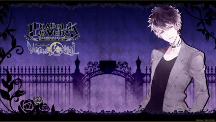 HD desktop wallpaper featuring a character from the anime Diabolik Lovers, set against a dark, gothic background with intricate black iron gates and roses.