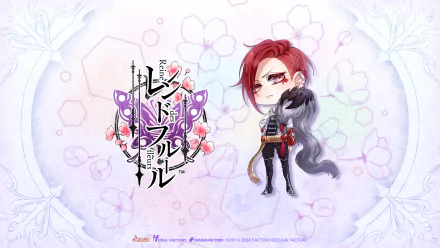 Anime HD PC desktop wallpaper/background: chibi red-haired Reine des Fleurs character beside a black wolf and floral logo on a soft pastel flower-patterned backdrop.