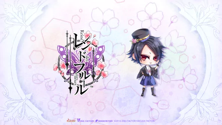 Anime HD PC desktop wallpaper and background: chibi Reine des Fleurs character — dark-haired girl with red eyes and school outfit beside ornate floral logo on a pastel purple backdrop.