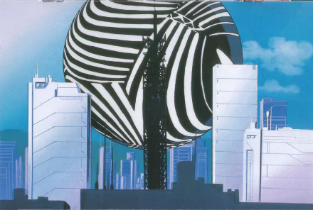 Leliel (Neon Genesis Evangelion) angel: a striped black-and-white orb looming over a futuristic city skyline under a blue sky — anime HD PC desktop wallpaper background.