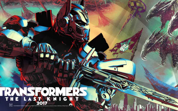 HD desktop wallpaper of Transformers: The Last Knight with a dynamic image of a Transformer holding a sword, vibrant colors, and the movie title and release year 2017 prominently displayed.