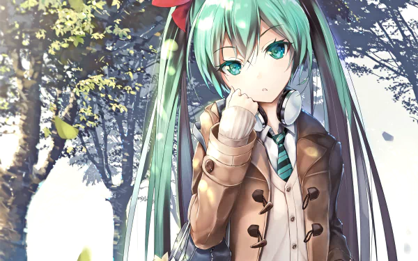 A vibrant HD wallpaper featuring Hatsune Miku, the iconic Vocaloid character, surrounded by a serene, tree-filled background, showcasing her anime-inspired charm.