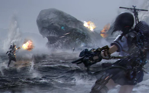 A dynamic HD wallpaper featuring characters Yuudachi, Akagi, and Fubuki from KanColle, set against a dramatic backdrop of battle at sea with a colossal creature.